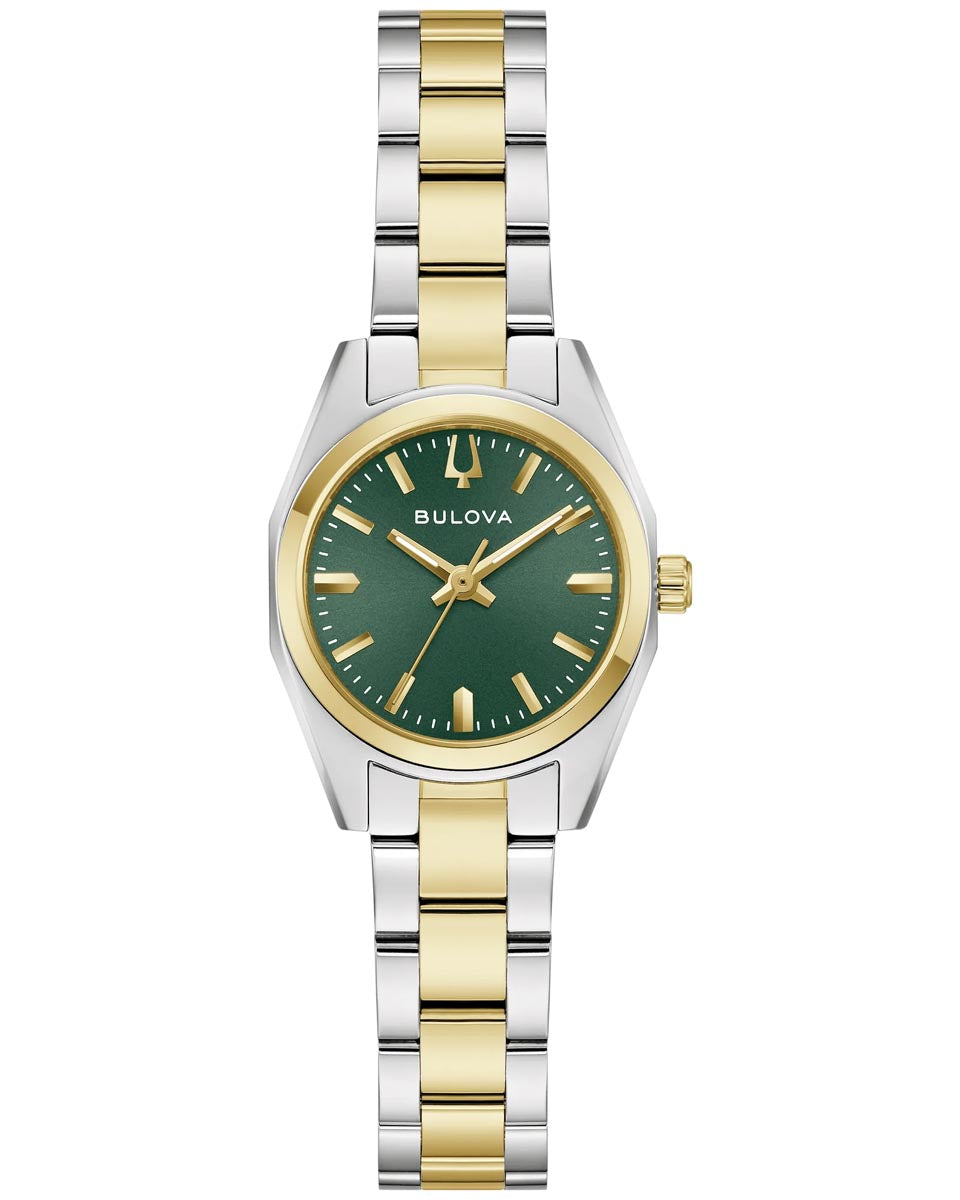 Bulova Surveyor Watch with Green Dial and Two Toned Stainless Steel Bracelet (22.7mm and quartz movement)