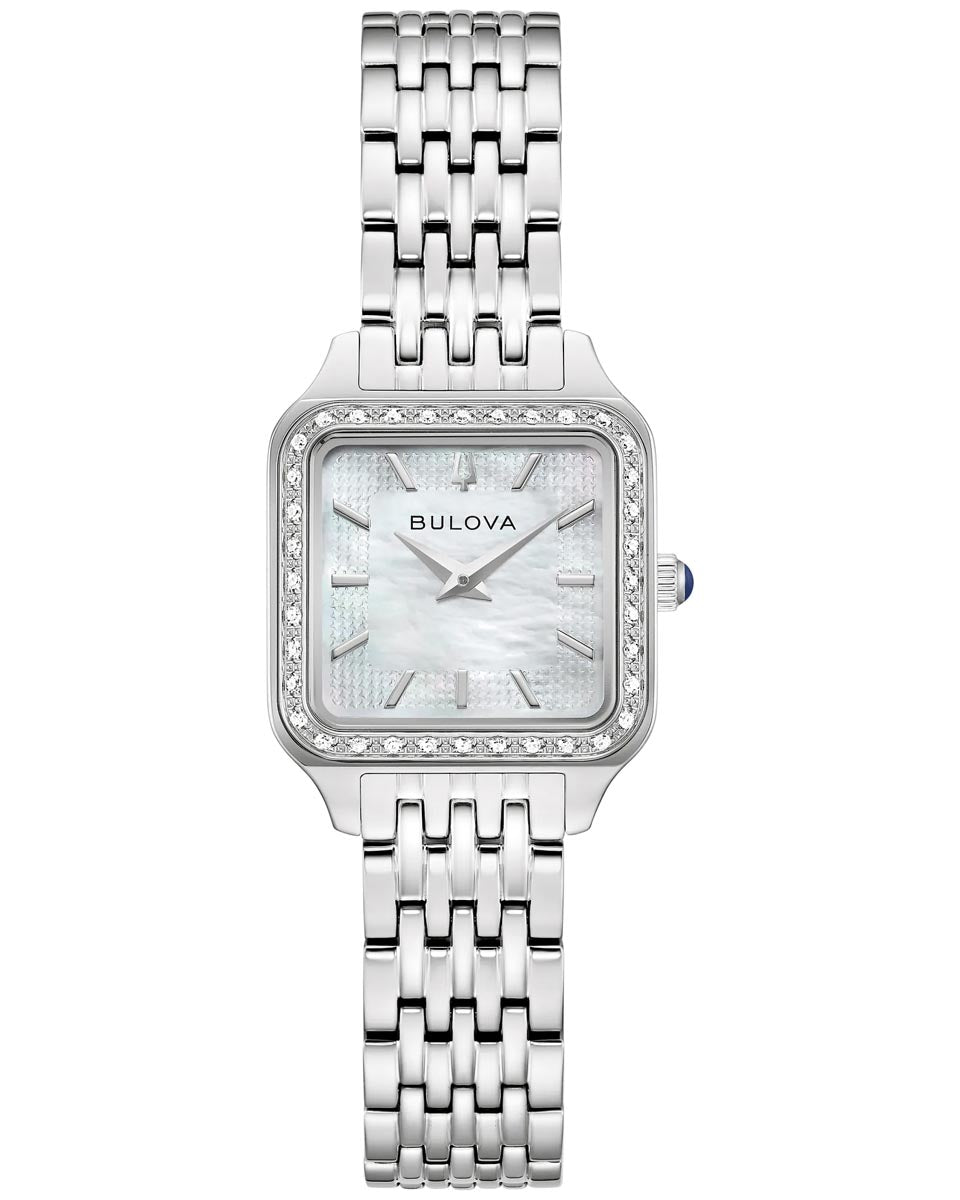 Bulova Sutton Watch with White Mother of Pearl Dial with Diamond Accent Bezel and Stainless Steel Bracelet (23mm and quartz movement)