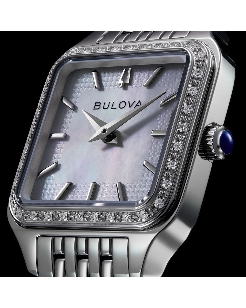 Bulova Sutton Watch with White Mother of Pearl Dial with Diamond Accent Bezel and Stainless Steel Bracelet (23mm and quartz movement)