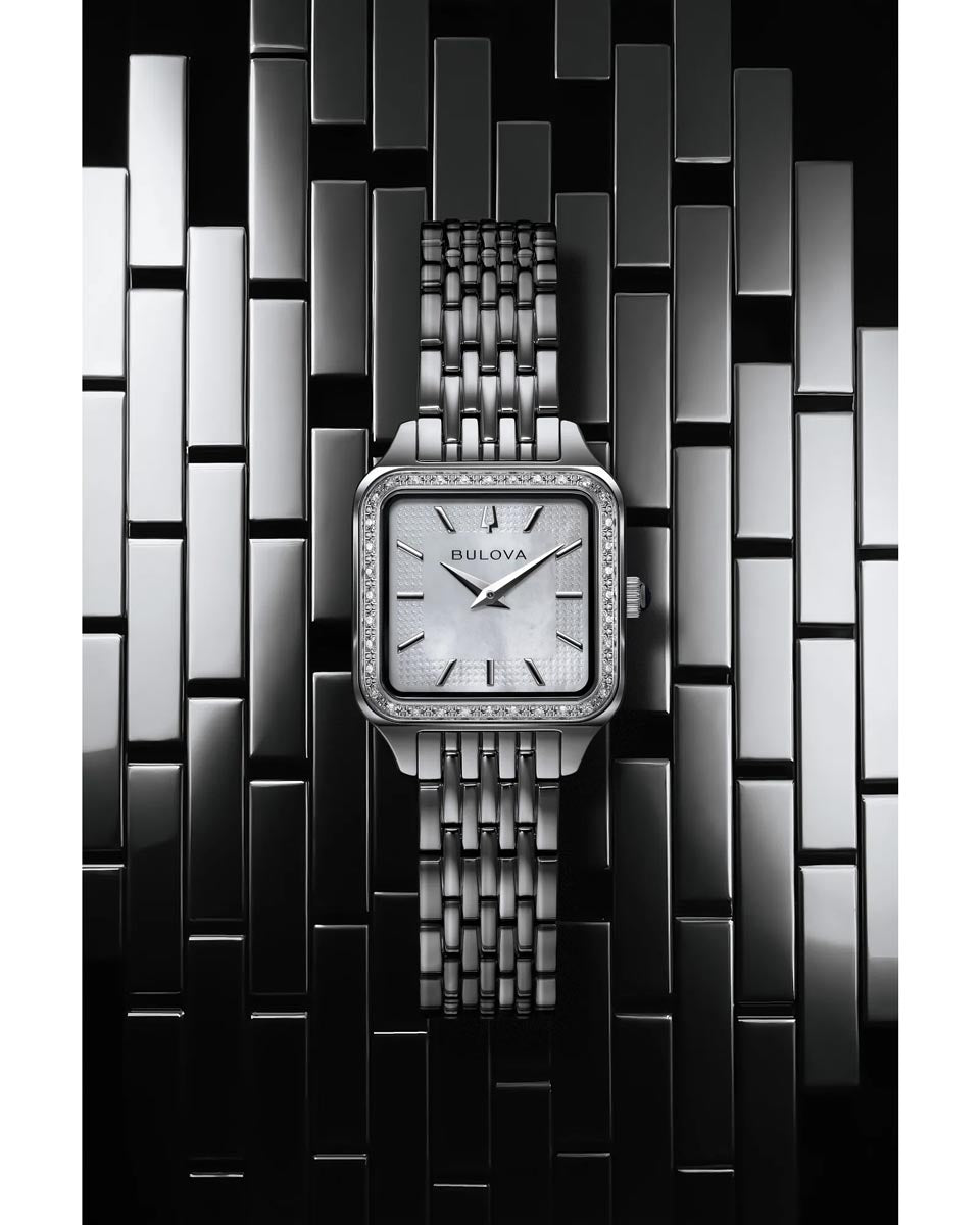 Bulova Sutton Watch with White Mother of Pearl Dial with Diamond Accent Bezel and Stainless Steel Bracelet (23mm and quartz movement)