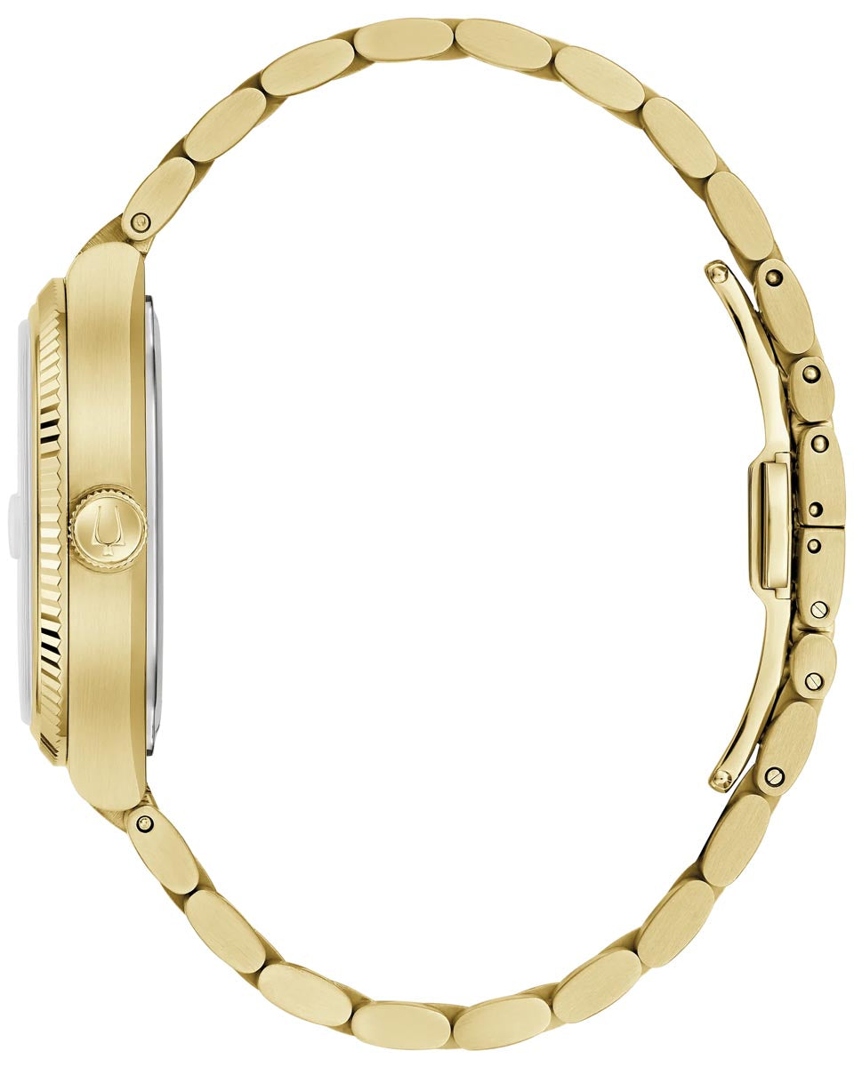 Bulova Super Seville Watch with Black Dial and Gold Toned Stainless Steel Bracelet (37.5mm and quartz movement)