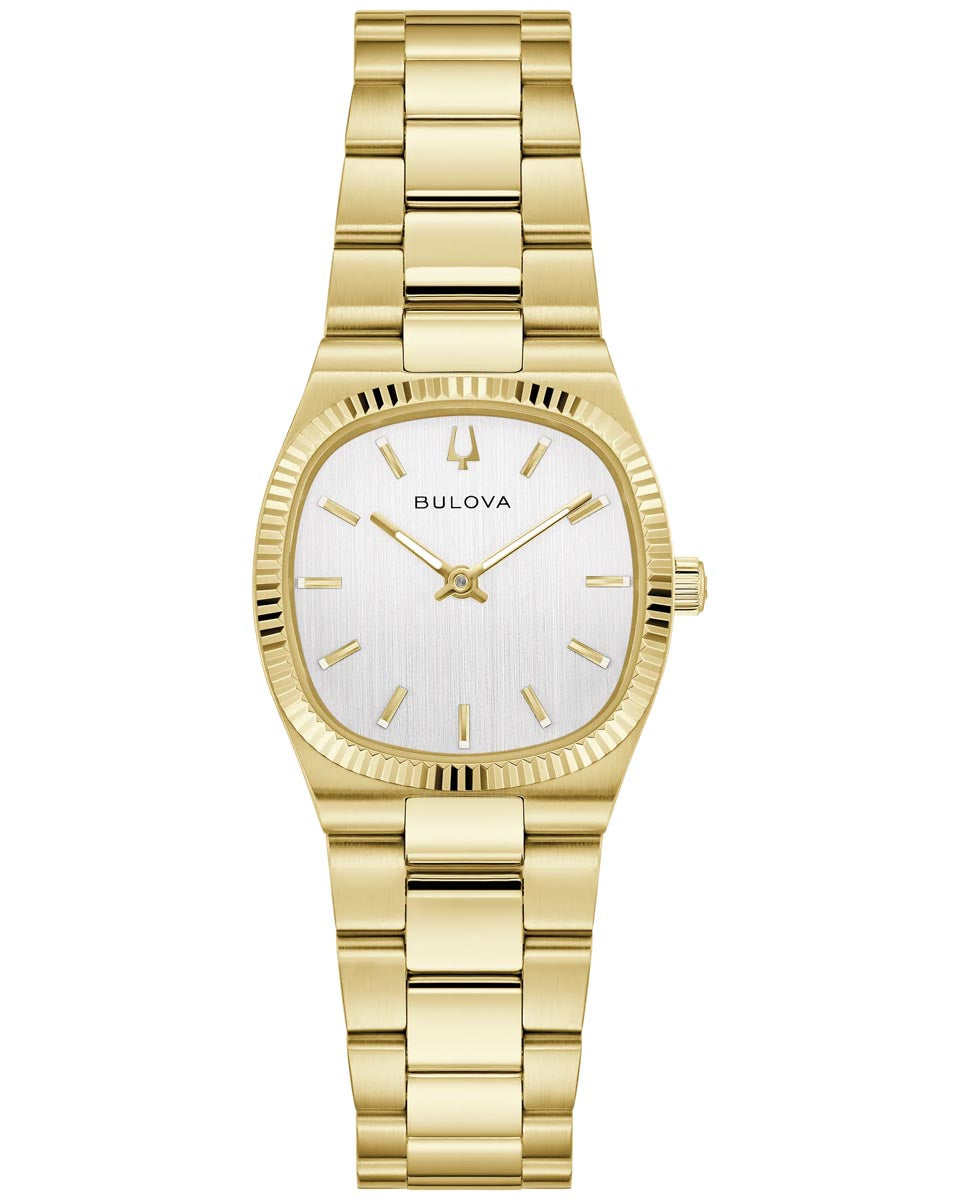 Bulova Super Seville Mini Watch with White Dial and Gold Toned Stainless Steel Bracelet (25mm and quartz movement)