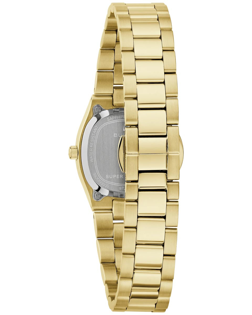 Bulova Super Seville Mini Watch with White Dial and Gold Toned Stainless Steel Bracelet (25mm and quartz movement)