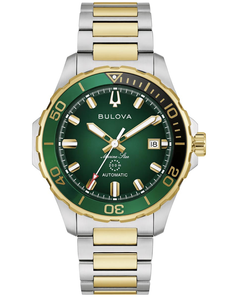 Bulova Marine Star Watch with Green Dial and Two Toned Stainless Steel Bracelet (41mm and automatic movement)