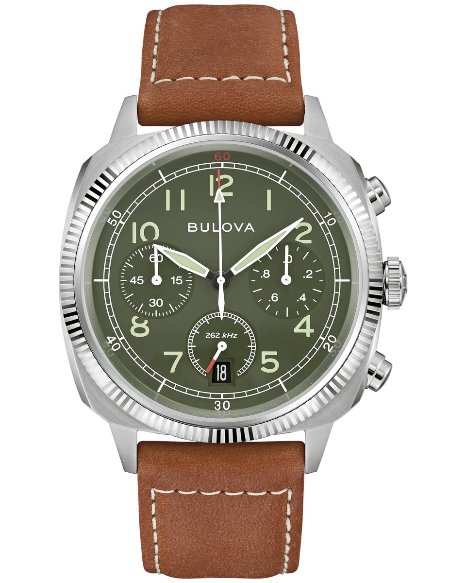 Bulova Military Watch with Green Dial and Brown Leather Strap (42.5mm and quartz movement)