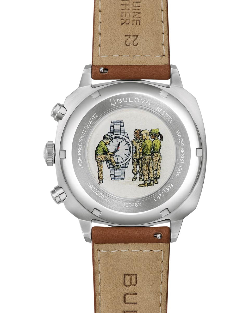 Bulova Military Watch with Green Dial and Brown Leather Strap (42.5mm and quartz movement)