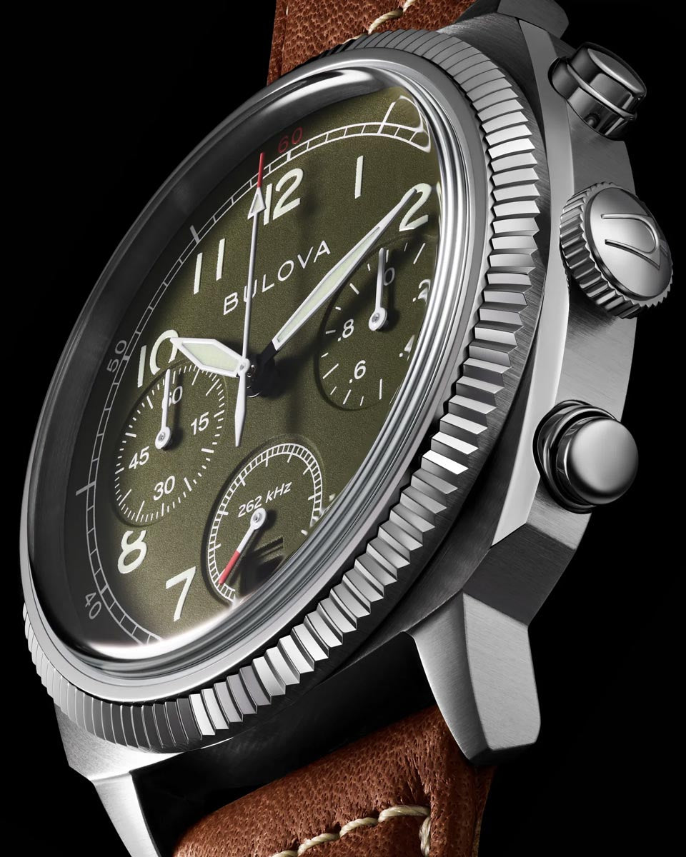 Bulova Military Watch with Green Dial and Brown Leather Strap (42.5mm and quartz movement)