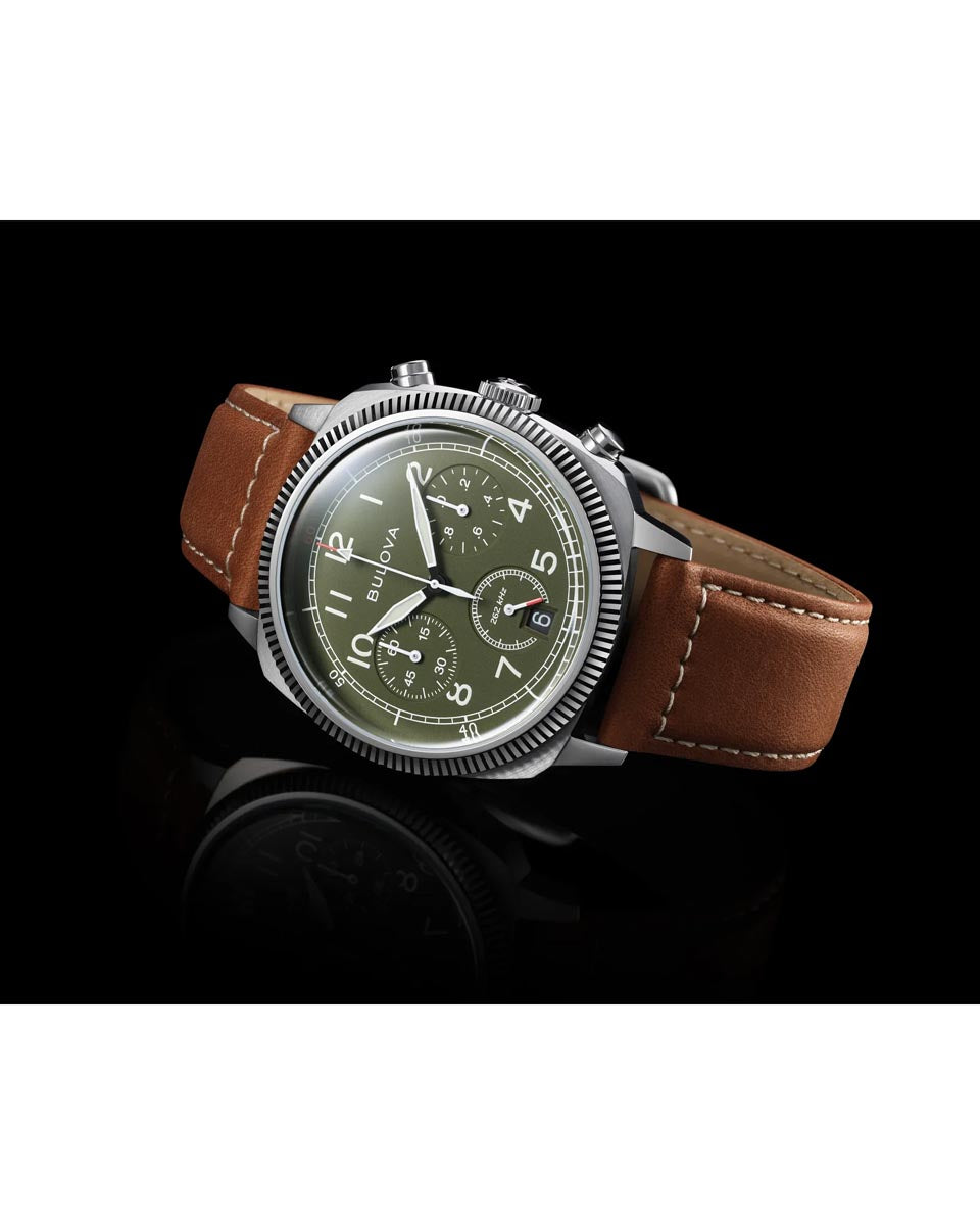 Bulova Military Watch with Green Dial and Brown Leather Strap (42.5mm and quartz movement)