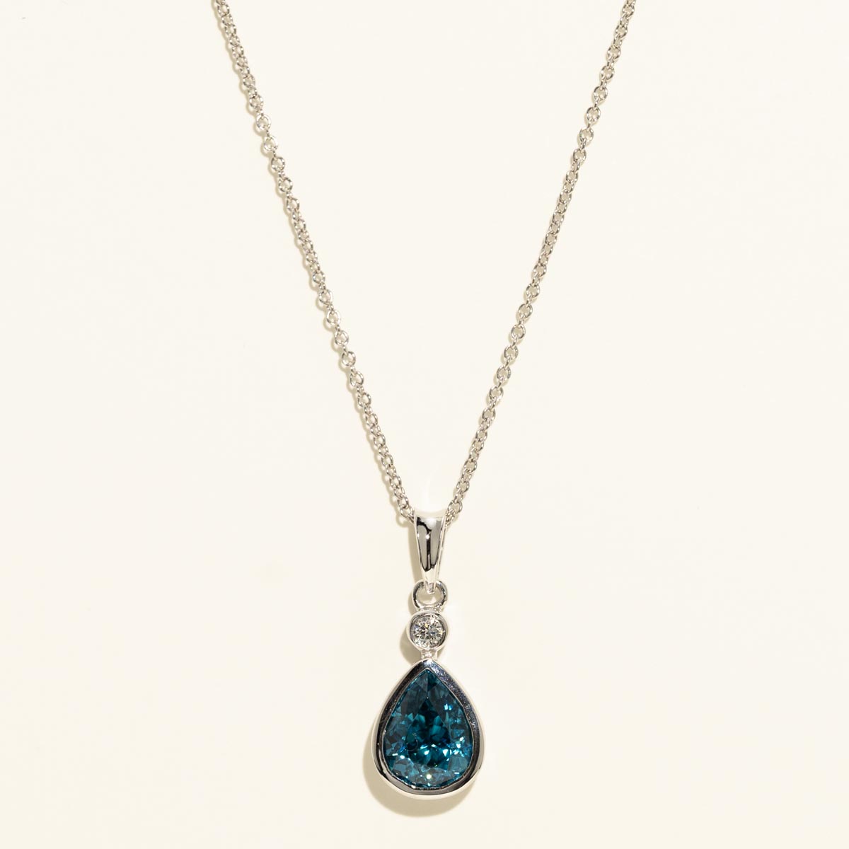 Pear Shape Blue Zircon Necklace in 18kt White Gold with Diamond (.03ct)