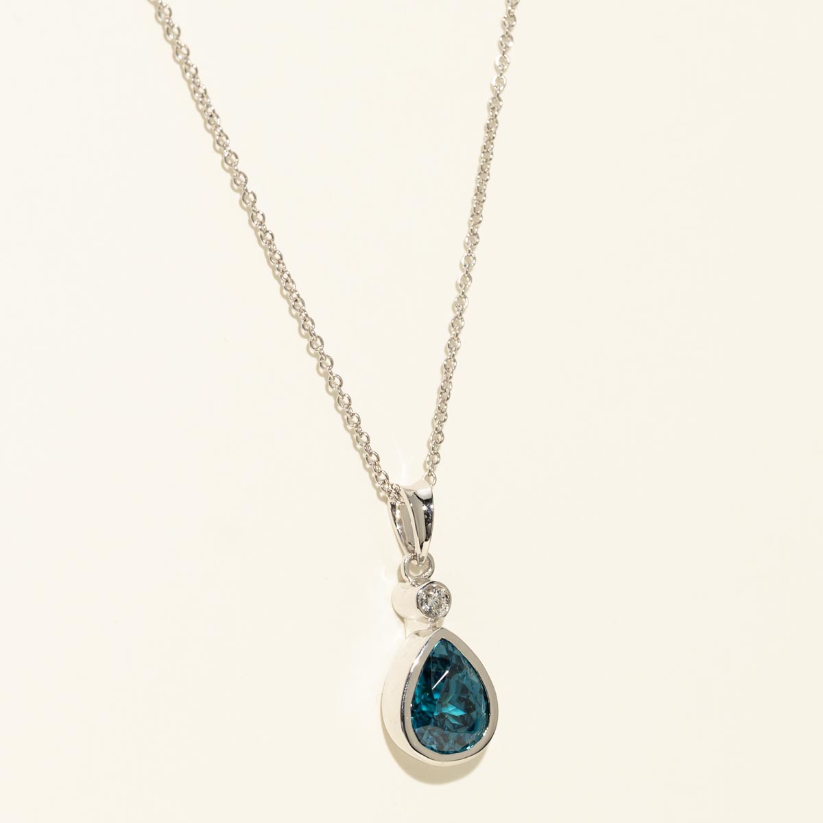Pear Shape Blue Zircon Necklace in 18kt White Gold with Diamond (.03ct)