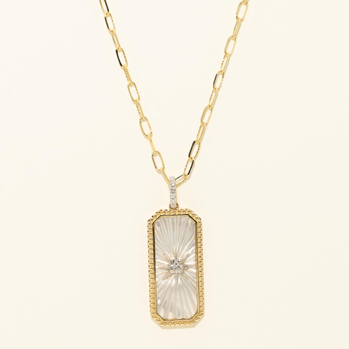 Madison L Mother of Pearl Rectangle Necklace in 14kt Yellow Gold with Diamonds