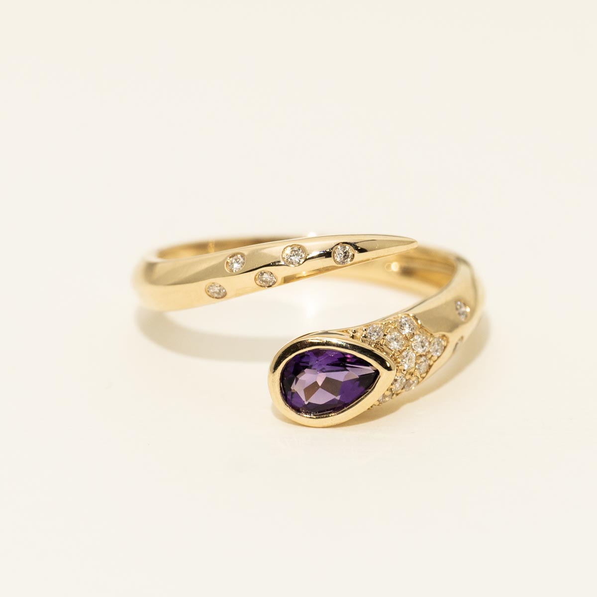 Madison L Pear Shape Amethyst Bypass Ring in 14kt Yellow Gold with Diamonds