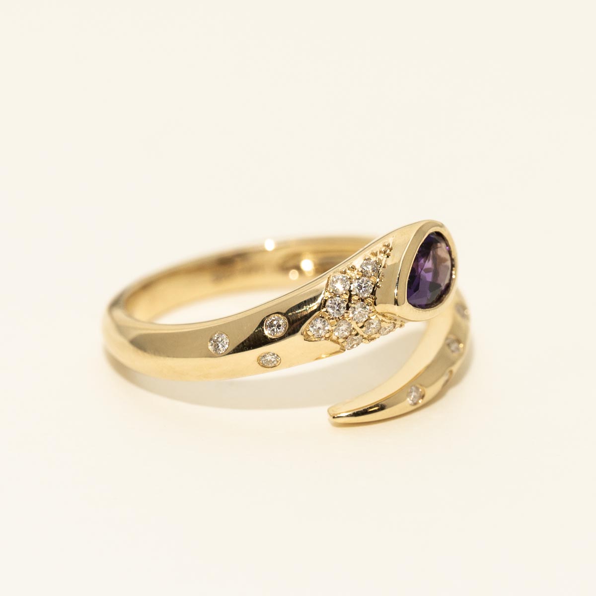 Madison L Pear Shape Amethyst Bypass Ring in 14kt Yellow Gold with Diamonds