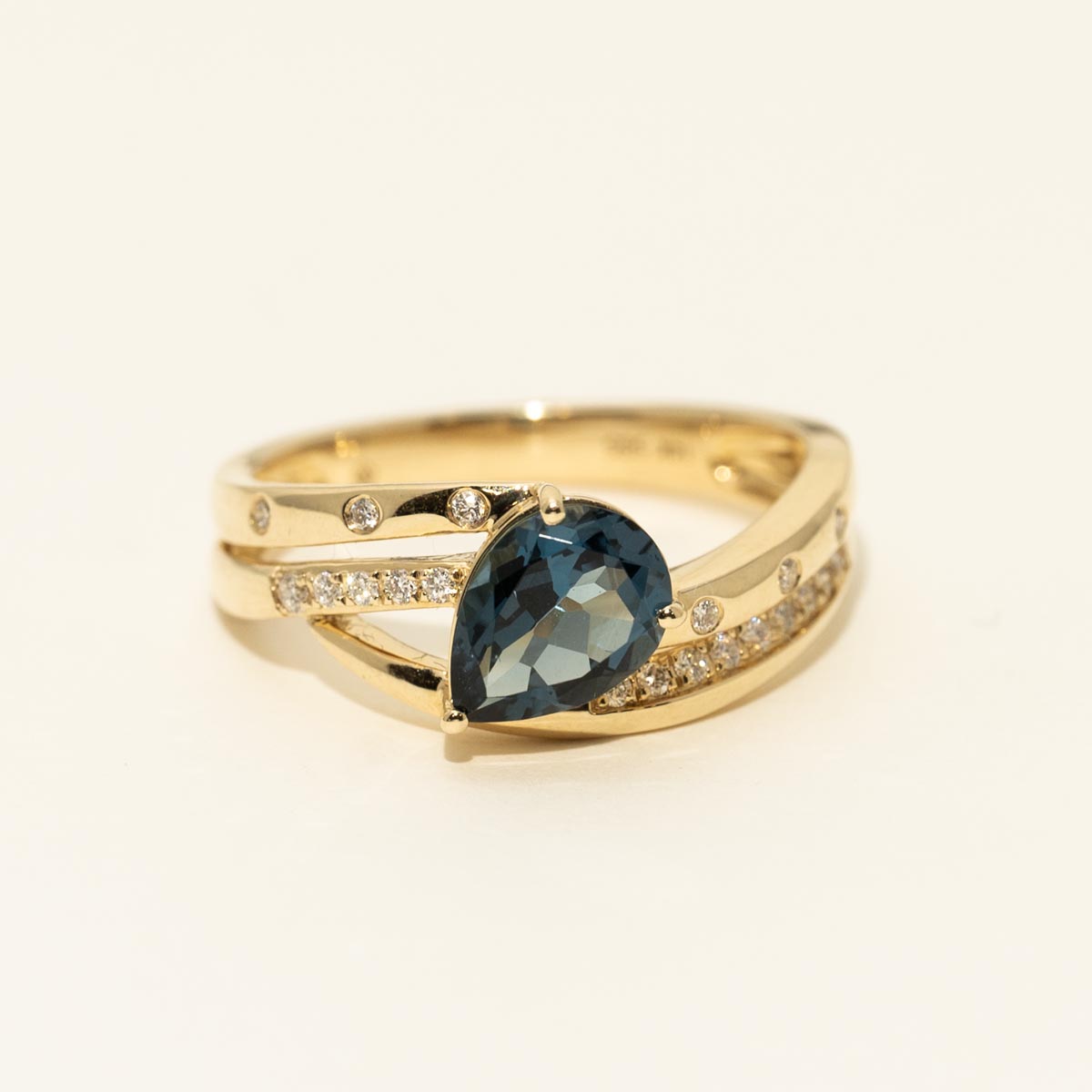 Madison L Pear Shape London Blue Topaz Ring in 14kt Yellow Gold with Diamonds