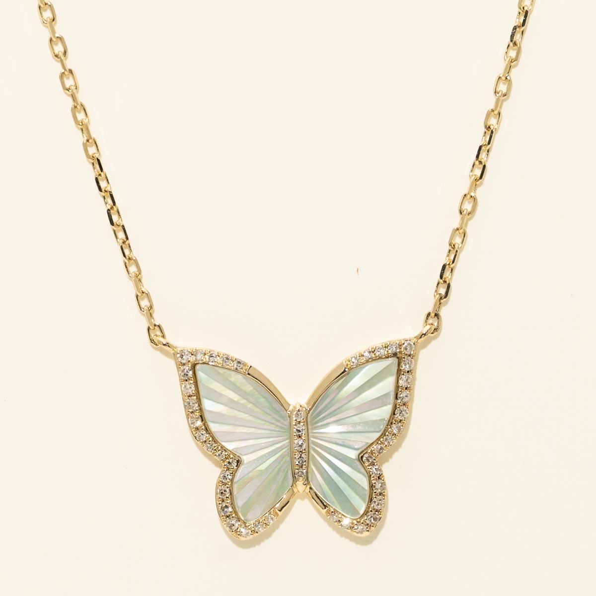 Madison L Mother of Pearl Butterfly Necklace in 14kt Yellow Gold with Diamonds