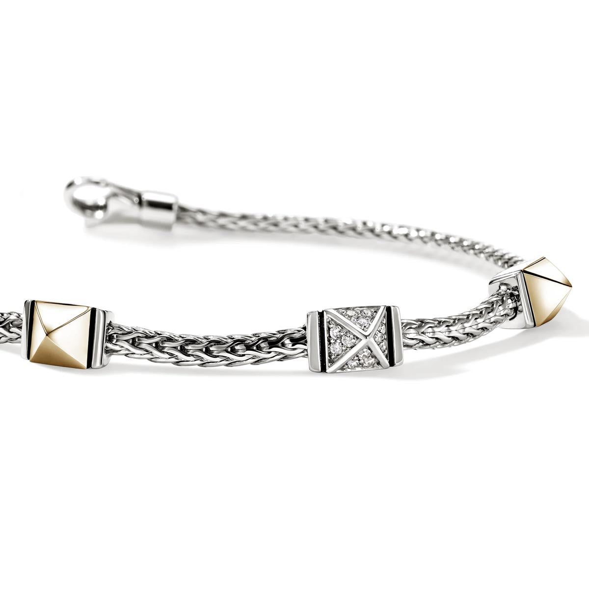 John Hardy Icon Stud Stationary Bracelet in Sterling Silver and 14kt Yellow Gold with Diamonds (1/20ct tw)