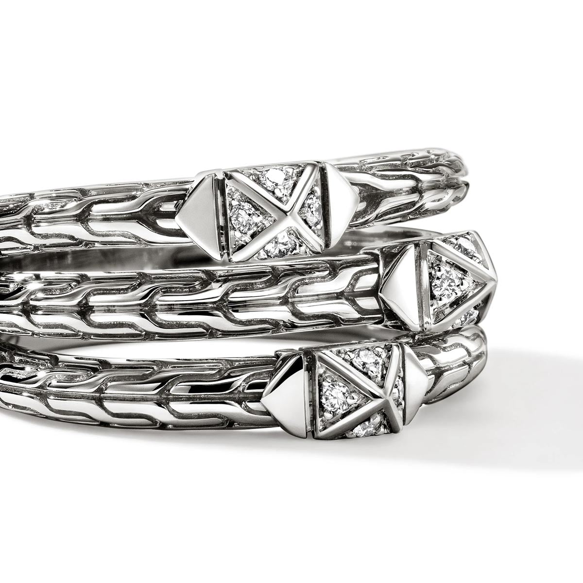 John Hardy Icon Stud Three Row Ring in Sterling Silver with Diamonds (1/10ct tw)