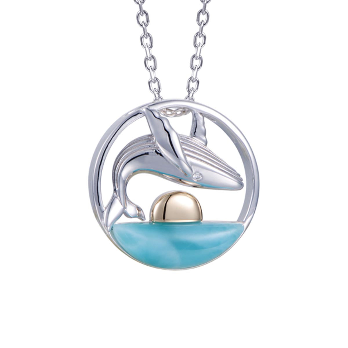 Alamea Larimar Joyous Whale Necklace in Sterling Silver and 14kt Yellow Gold