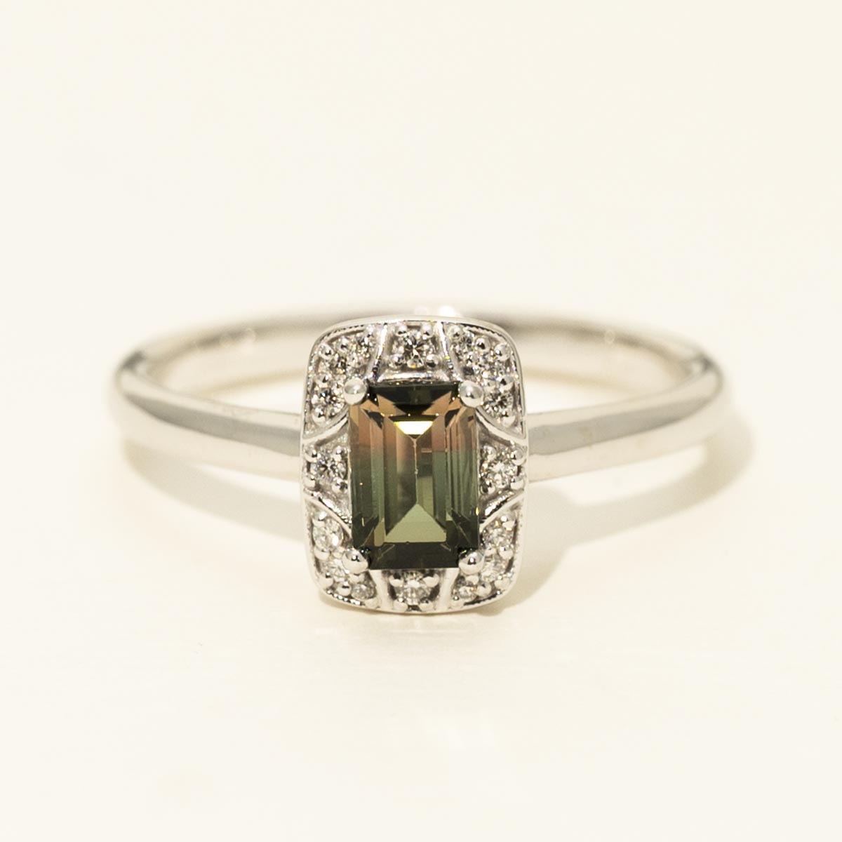 Maine Bicolor Tourmaline Emerald Cut Ring in 14kt White Gold with Diamonds