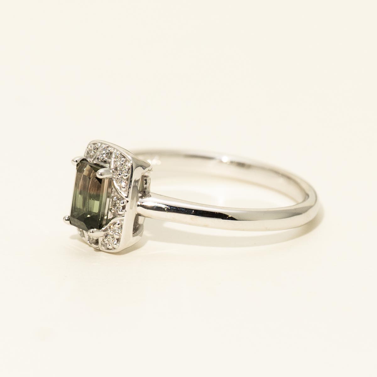 Maine Bicolor Tourmaline Emerald Cut Ring in 14kt White Gold with Diamonds