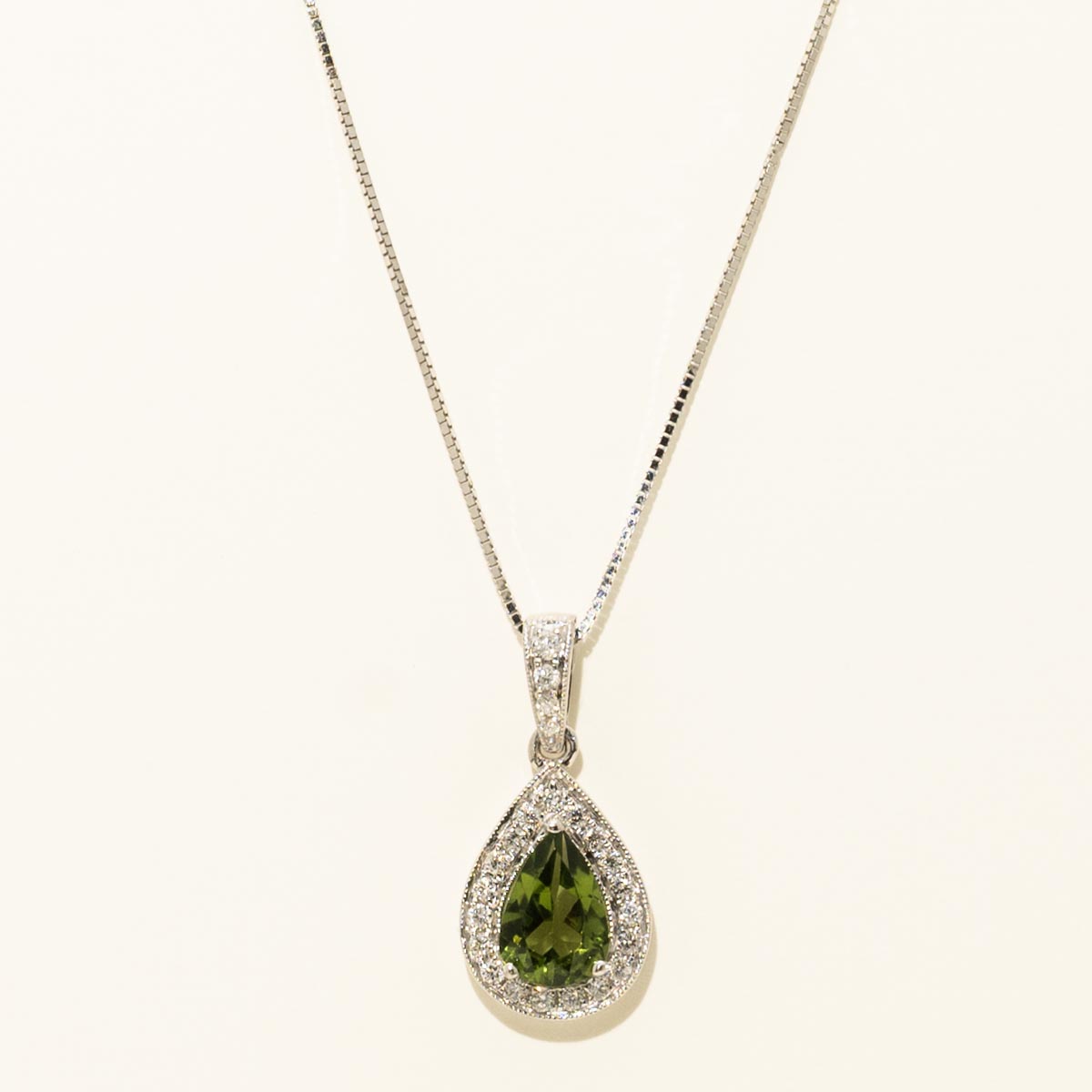 Maine Green Tourmaline Pear Shape Necklace in 14kt White Gold with Diamonds