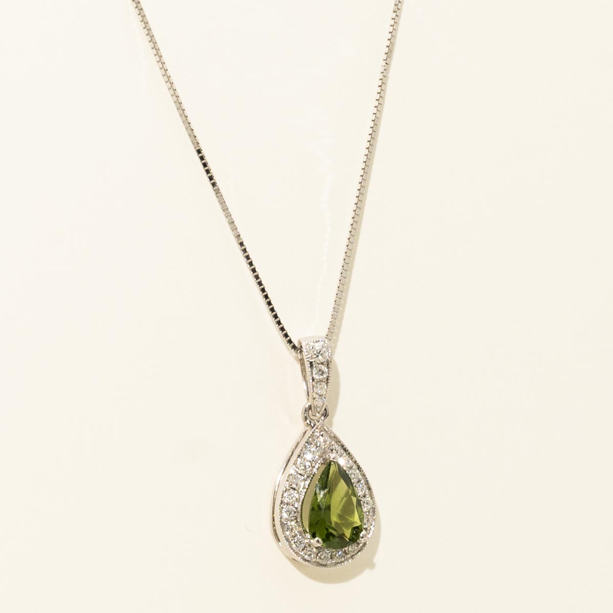 Maine Green Tourmaline Pear Shape Necklace in 14kt White Gold with Diamonds