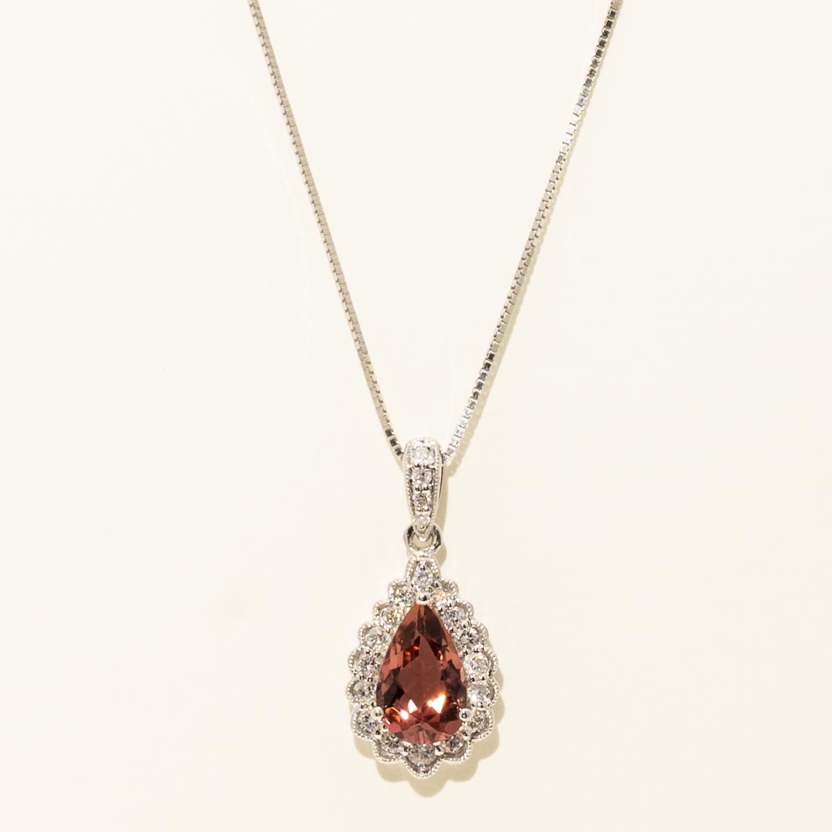 Maine Pink Tourmaline Pear Shape Necklace in 14kt White Gold with Diamonds