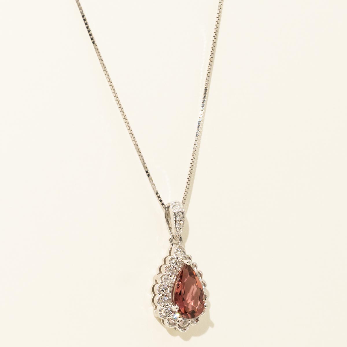 Maine Pink Tourmaline Pear Shape Necklace in 14kt White Gold with Diamonds