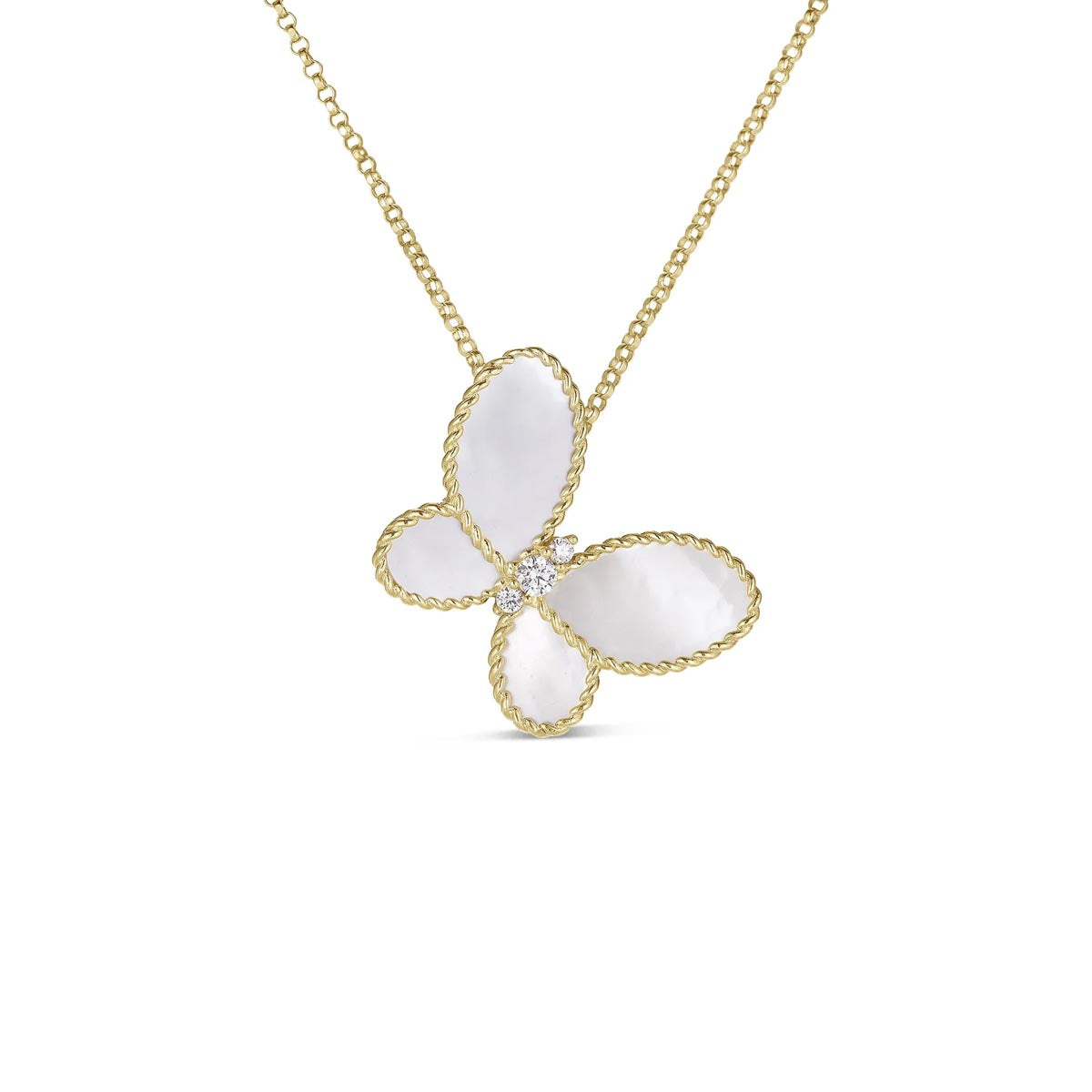 Roberto Coin Jasmine Mother of Pearl Butterfly Necklace in 18kt Yellow Gold with Diamonds