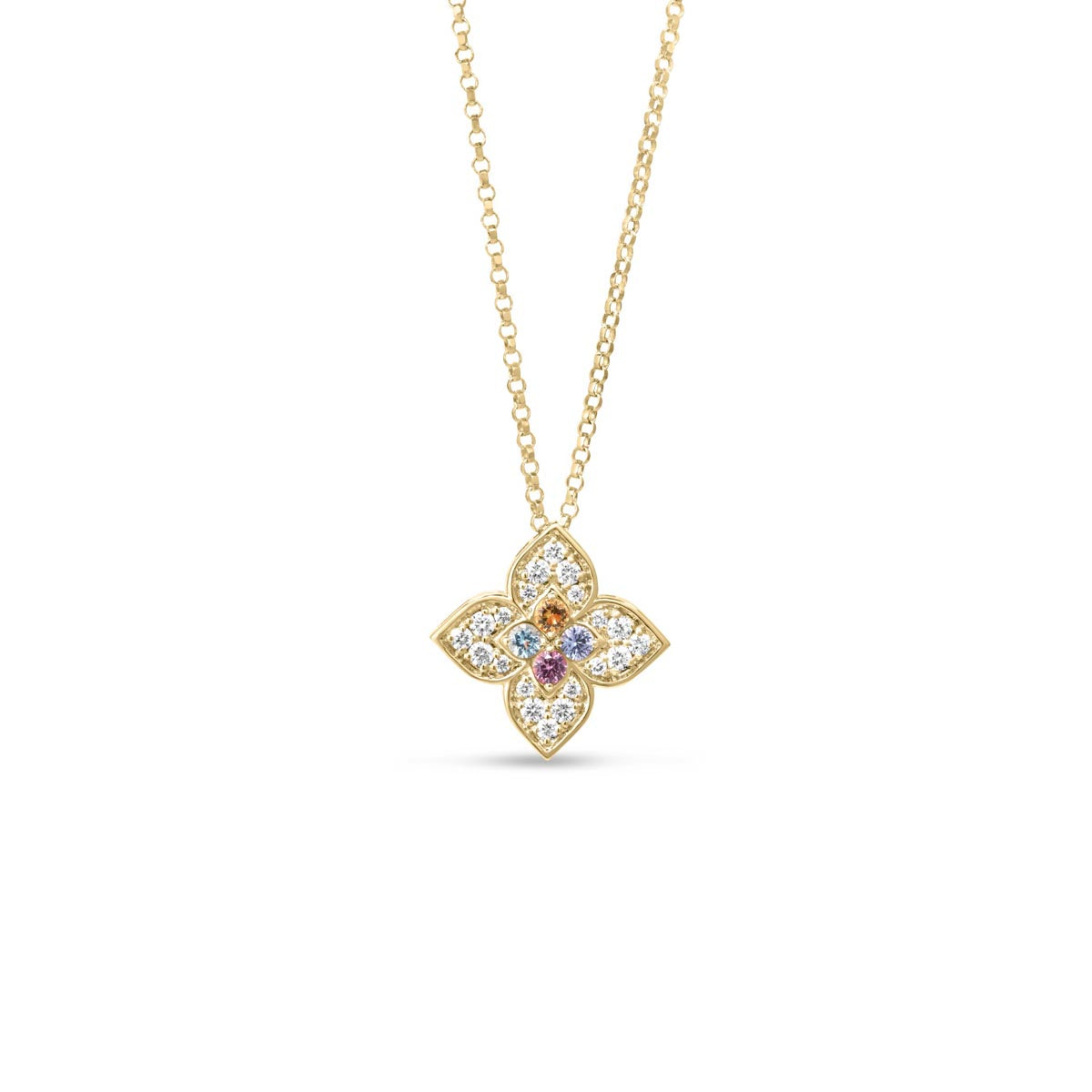 Roberto Coin Venetian Princess Carnival Multi Stone Flower Necklace in 18kt Yellow Gold with Diamonds