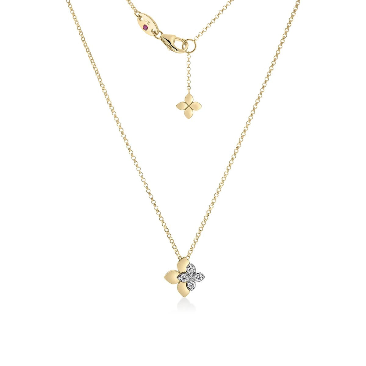Roberto Coin Love in Verona Diamond Double Flower Necklace in 18kt Yellow Gold (1/10ct tw)
