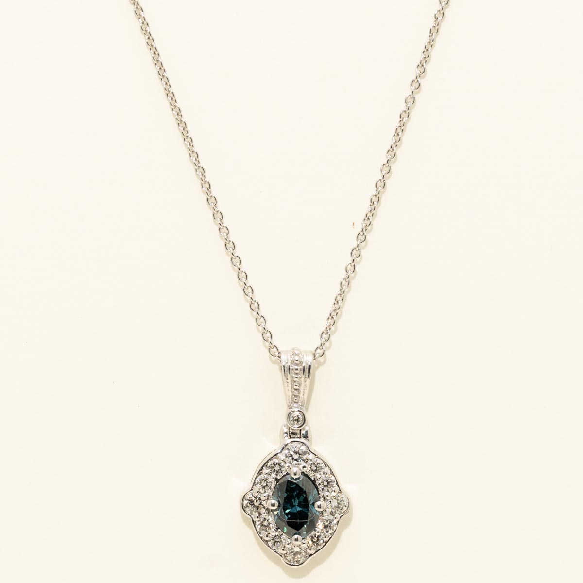 Oval Blue Diamond Halo Necklace in 14kt White Gold (1/2ct tw)