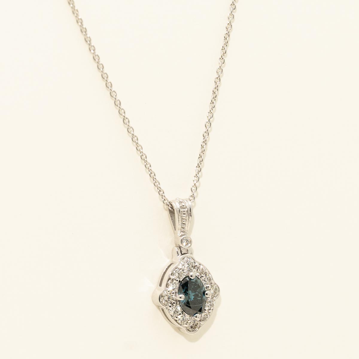 Oval Blue Diamond Halo Necklace in 14kt White Gold (1/2ct tw)
