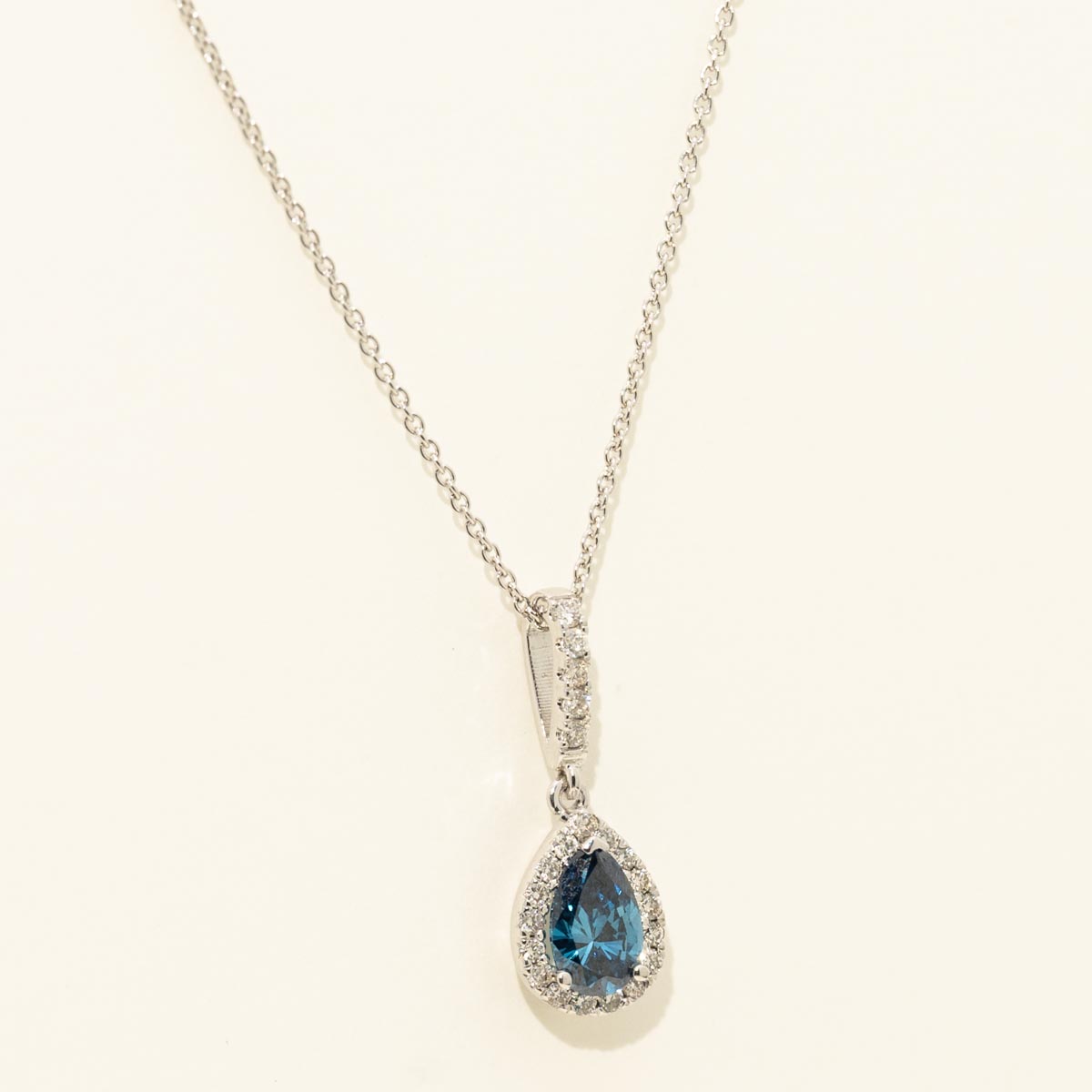 Pear Shape Blue Diamond Halo Necklace in 14kt White Gold (1/2ct tw)