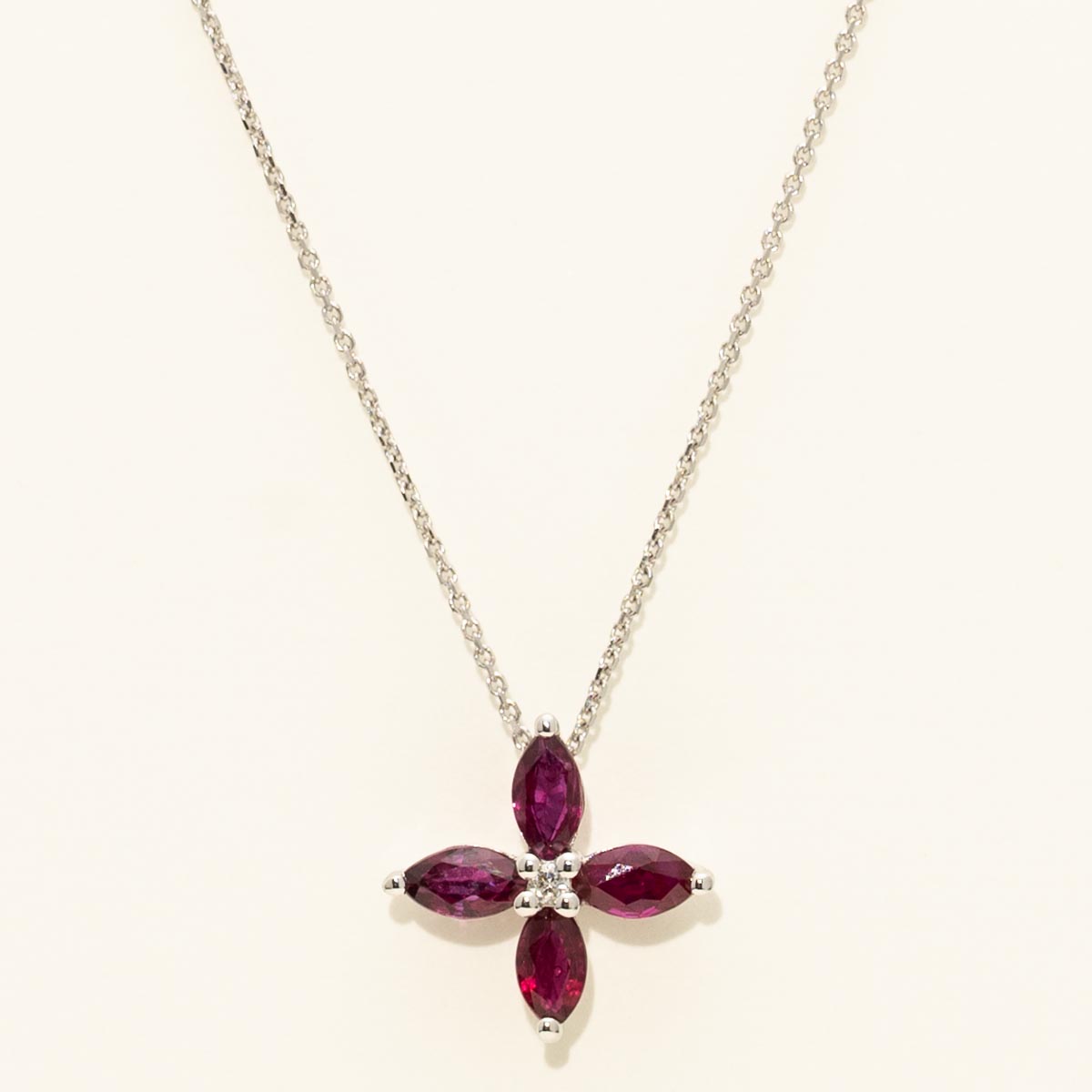 Marquise Ruby Flower Necklace in 14kt White Gold with Diamonds