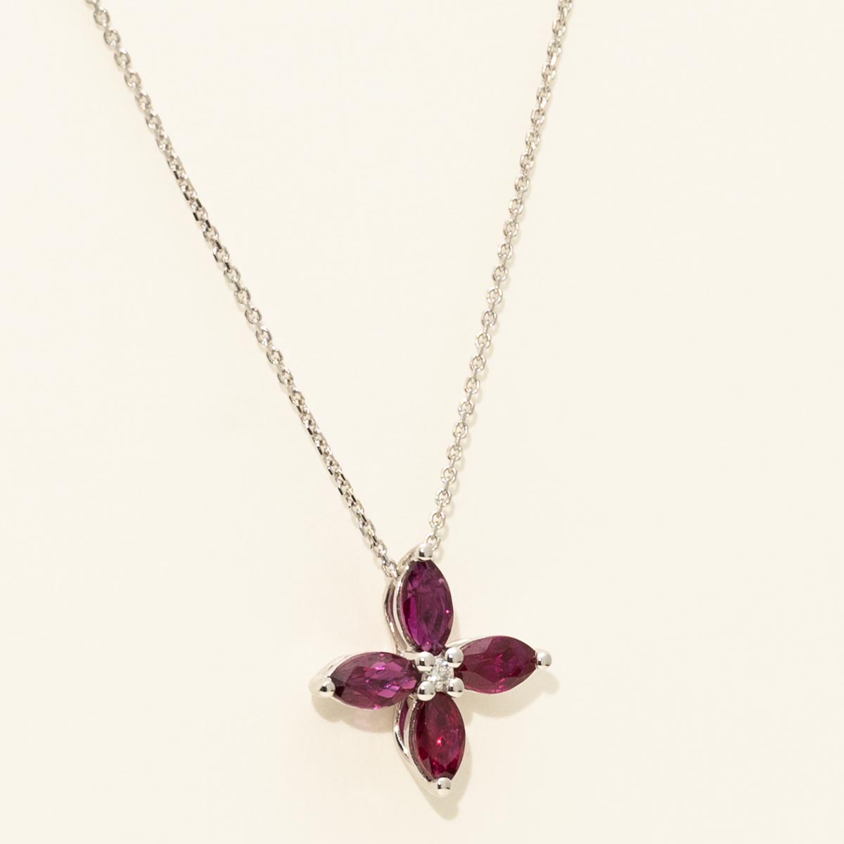Marquise Ruby Flower Necklace in 14kt White Gold with Diamonds