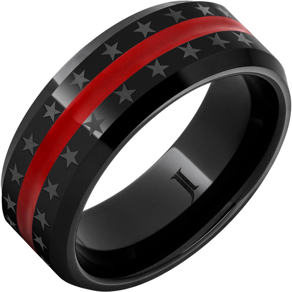 American Heritage Mens Star Ring with Red Enamel Inlay in Black Diamond Ceramic (8mm)