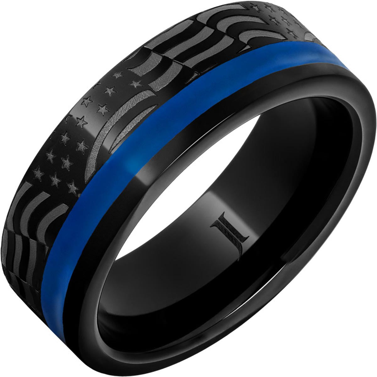 American Heritage Mens American Flag Ring with Blue Enamel Inlay in Black Diamond Ceramic (8mm)