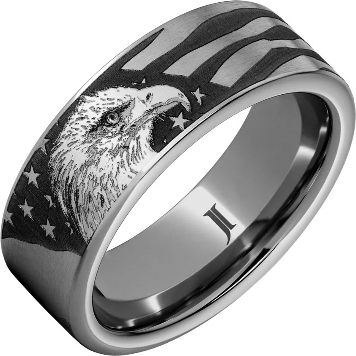 American Heritage Mens Eagle and American Flag Ring in Tungsten (8mm)
