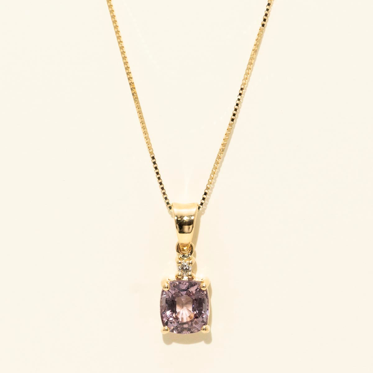 Cushion Purple Spinel Necklace in 14kt Yellow Gold with Diamond