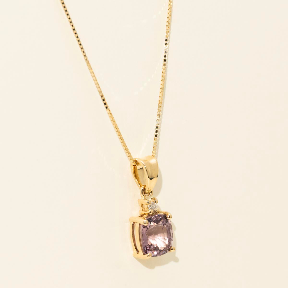 Cushion Purple Spinel Necklace in 14kt Yellow Gold with Diamond