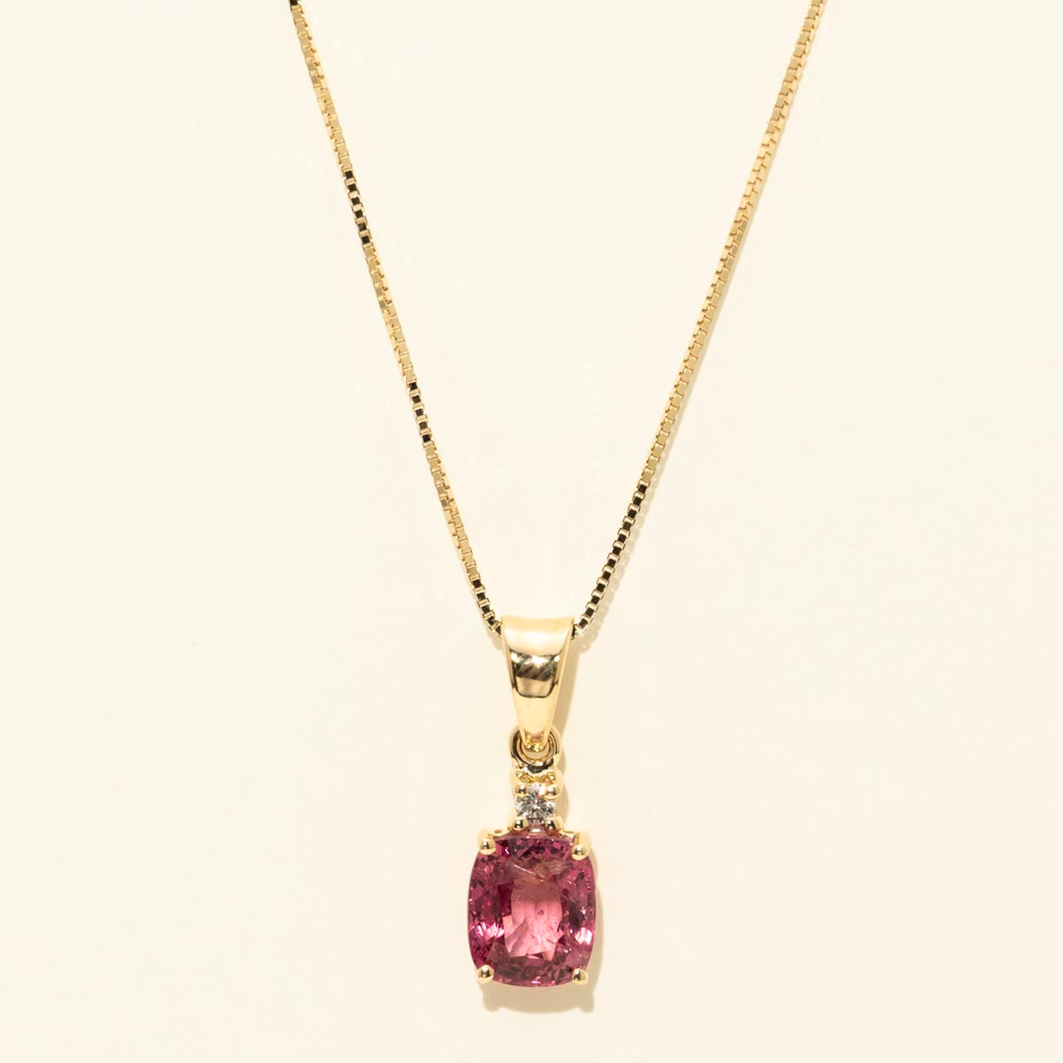 Cushion Pink Spinel Necklace in 14kt Yellow Gold with Diamond