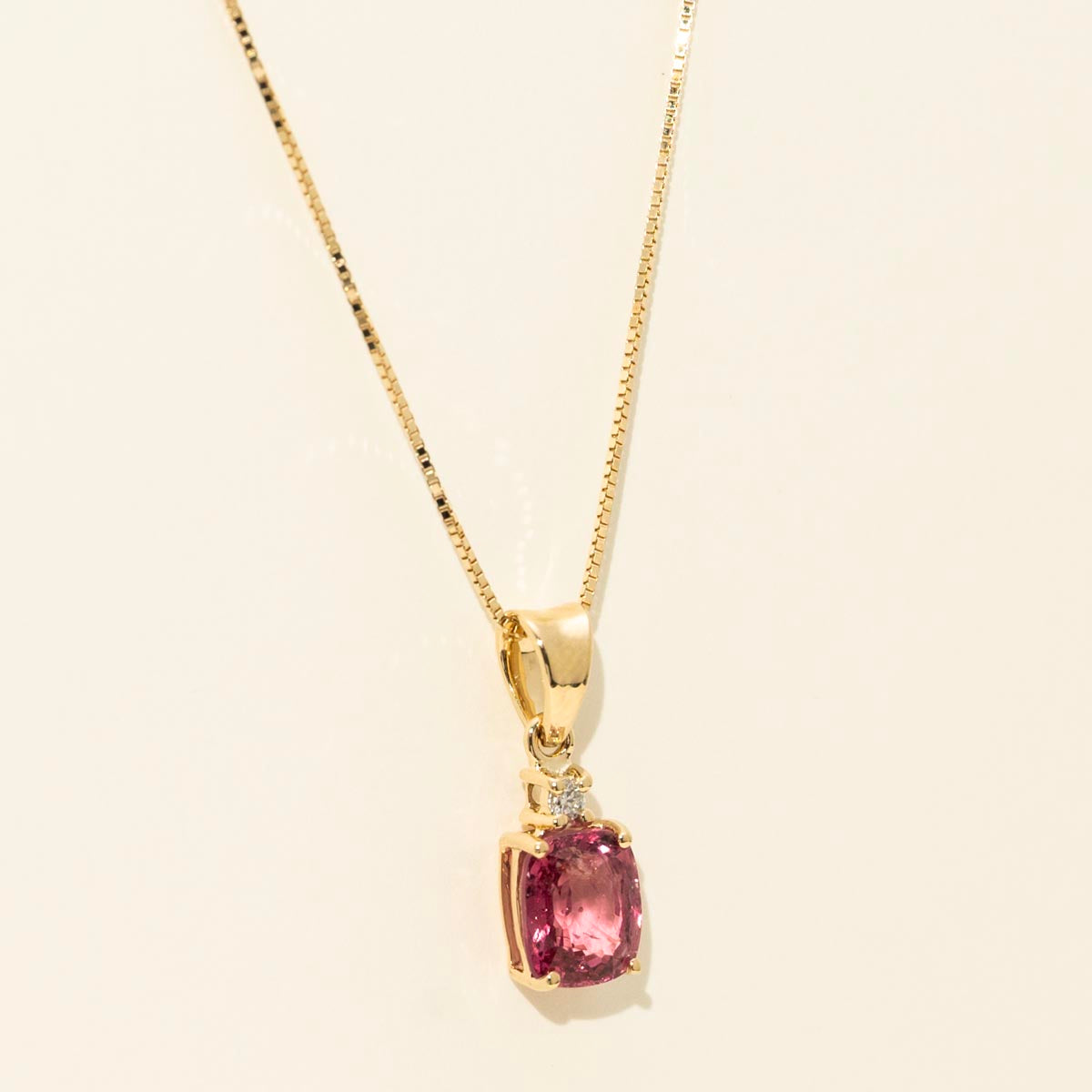 Cushion Pink Spinel Necklace in 14kt Yellow Gold with Diamond