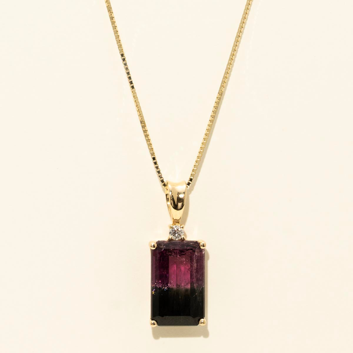 Emerald Cut Bicolor Tourmaline Necklace in 14kt Yellow Gold with Diamond