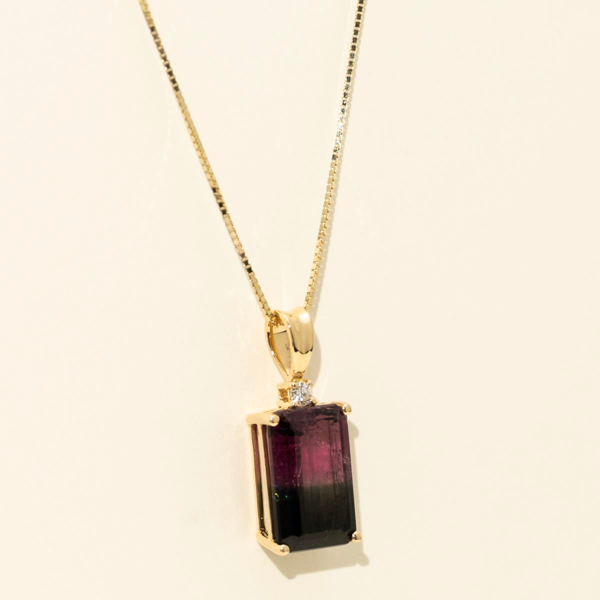 Emerald Cut Bicolor Tourmaline Necklace in 14kt Yellow Gold with Diamond