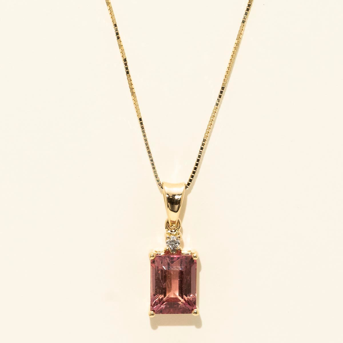 Emerald Cut Pink Tourmaline Necklace in 14kt Yellow Gold with Diamond