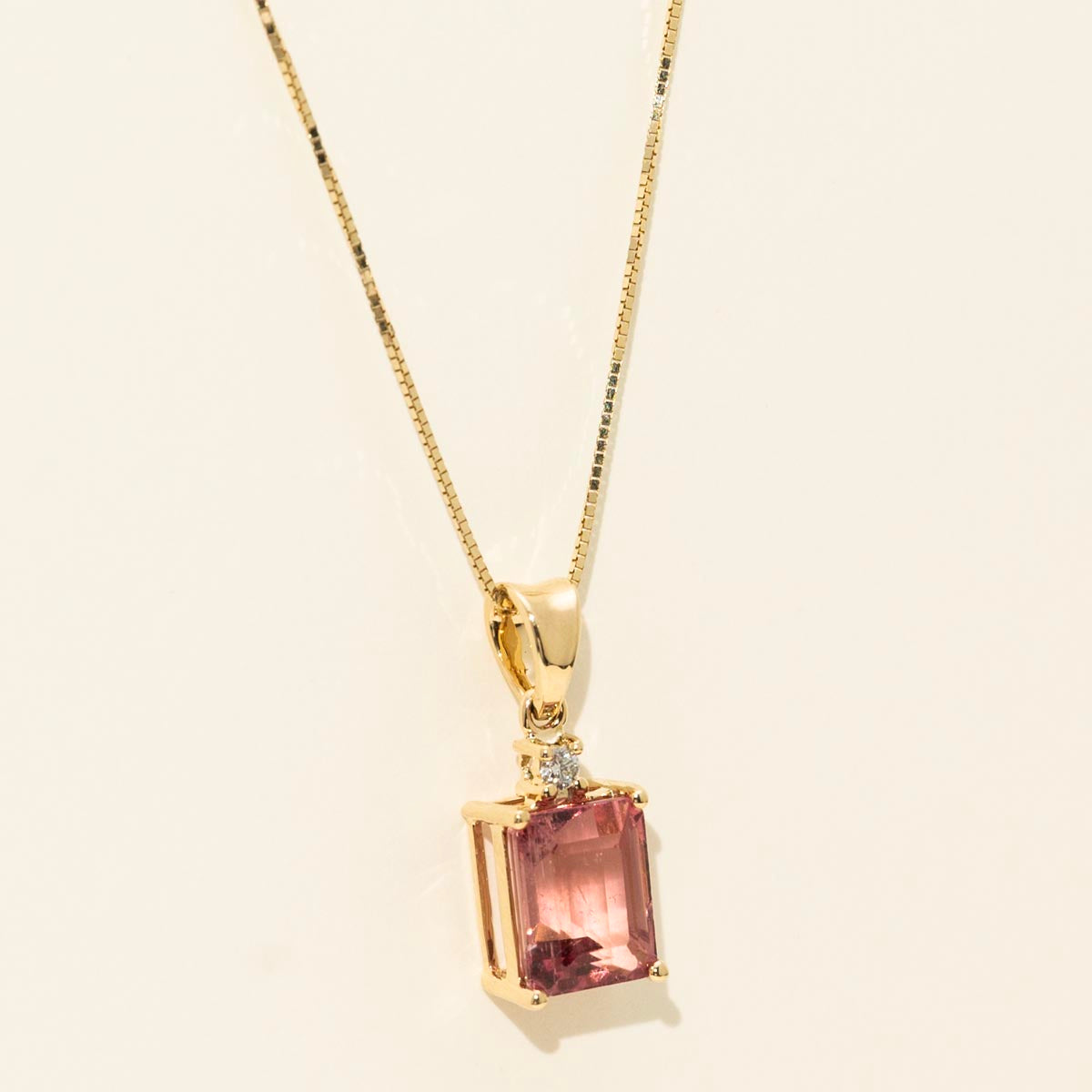 Emerald Cut Pink Tourmaline Necklace in 14kt Yellow Gold with Diamond