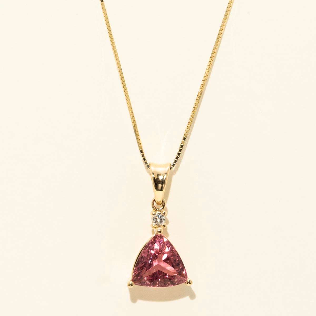 Trillion Pink Tourmaline Necklace in 14kt Yellow Gold with Diamond