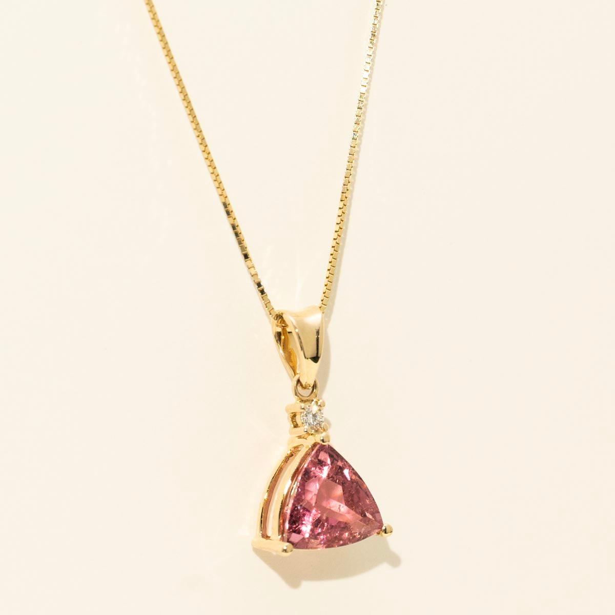 Trillion Pink Tourmaline Necklace in 14kt Yellow Gold with Diamond