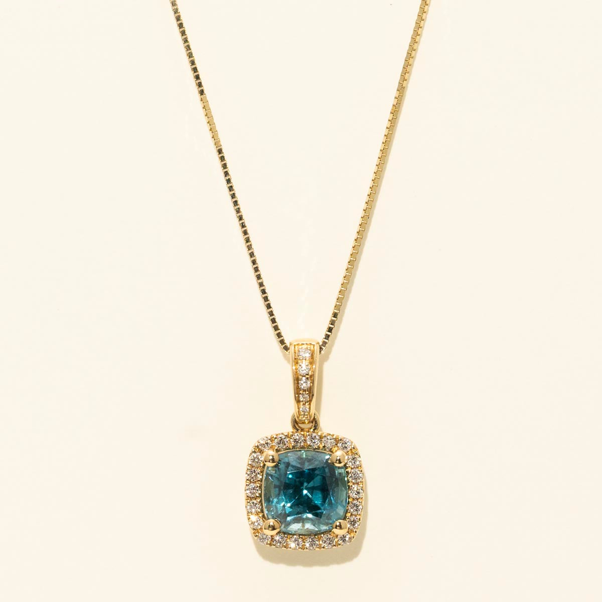 Cushion Blue Zircon Necklace in 14kt Yellow Gold with Diamonds